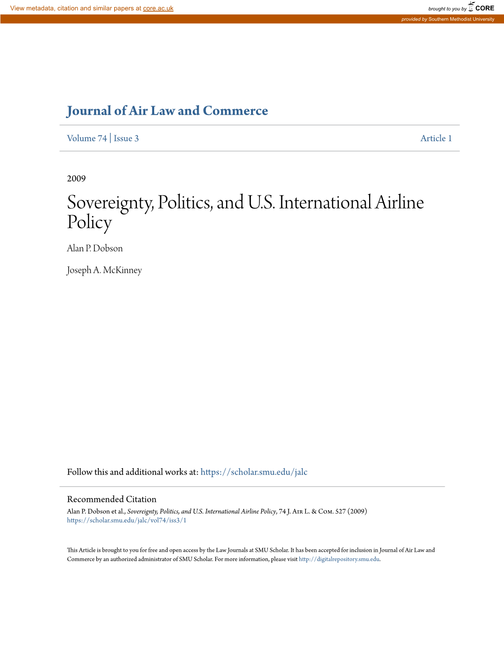 Sovereignty, Politics, and U.S. International Airline Policy Alan P