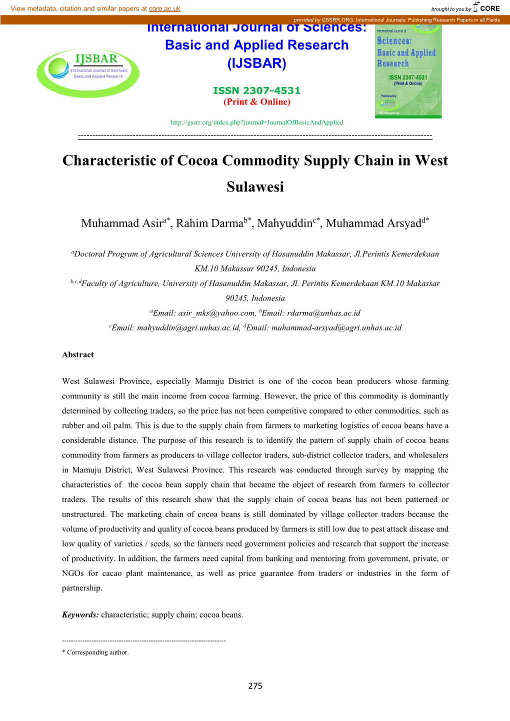 Characteristic of Cocoa Commodity Supply Chain in West Sulawesi