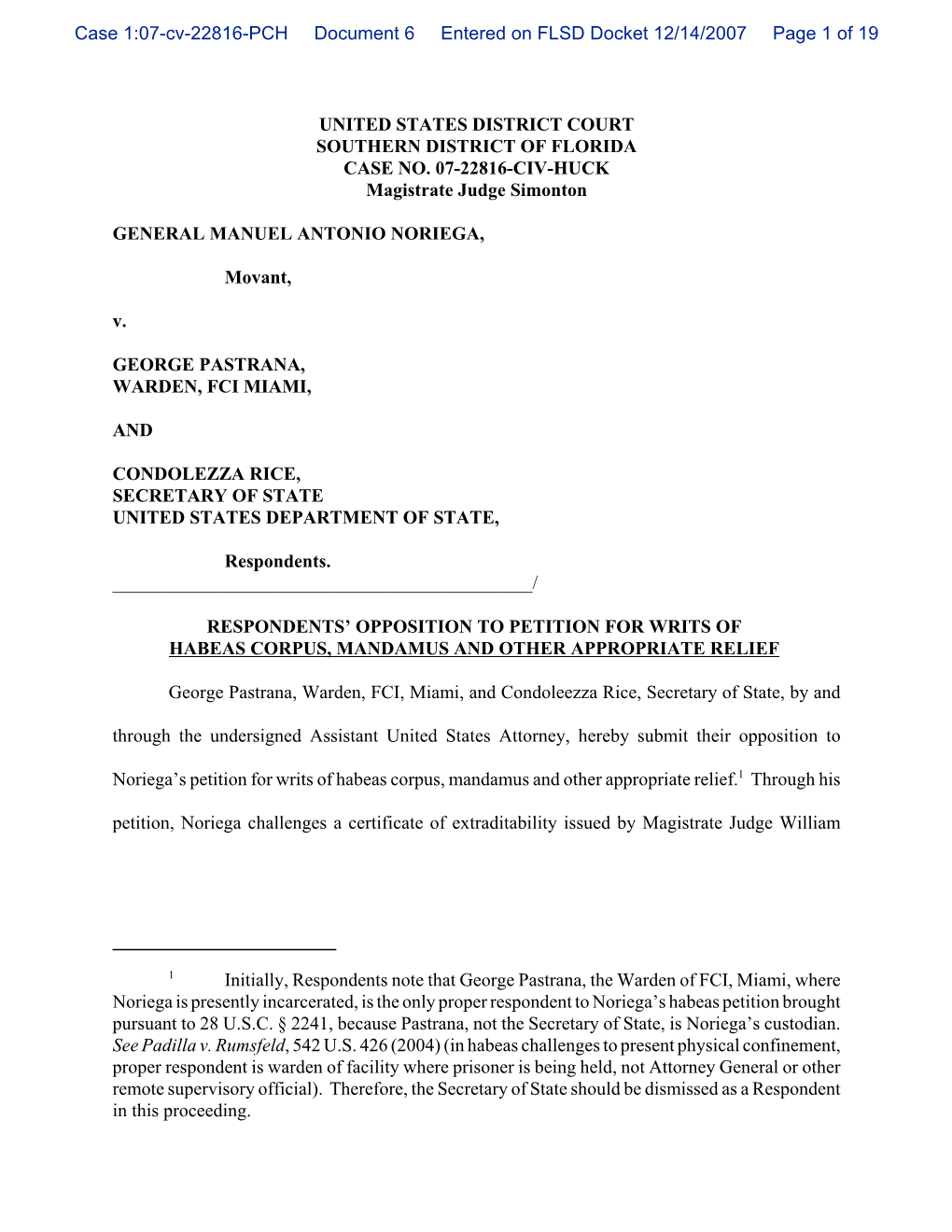 U.S. Opposition to Habeas Corpus, Noriega V. Pastrana