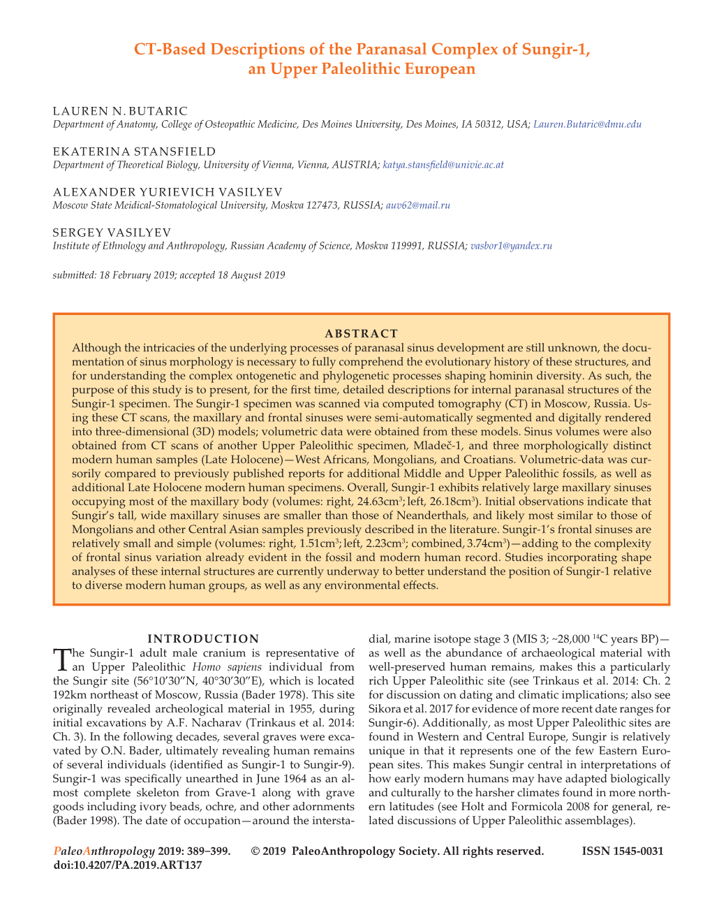 CT-Based Descriptions of the Paranasal Complex of Sungir-1, an Upper Paleolithic European