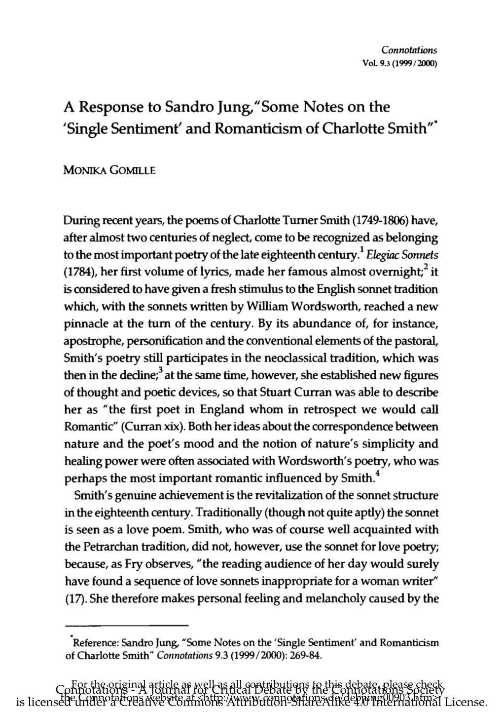 Some Notes on the 'Single Sentiment' and Romanticism of Charlotte Smith"