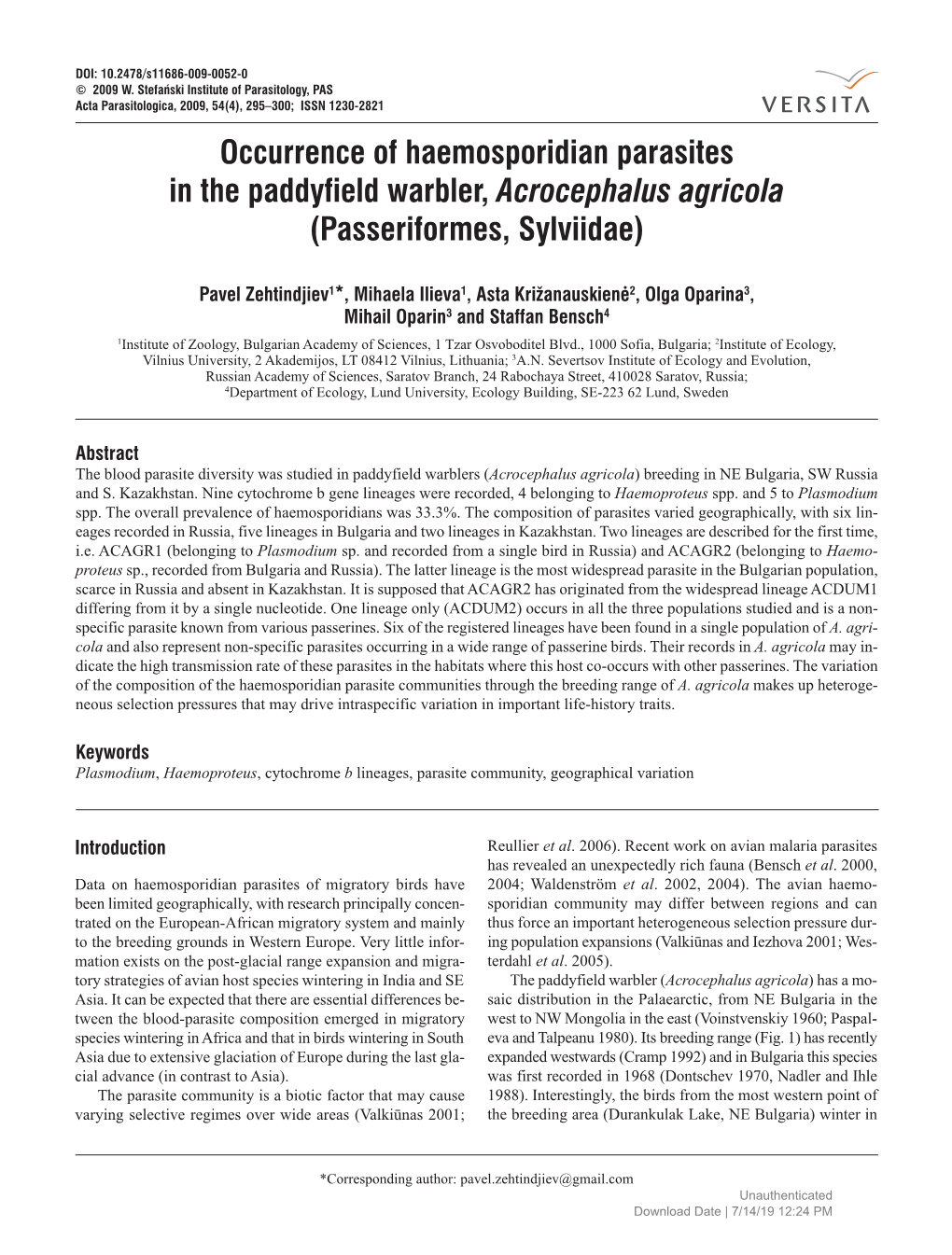 Occurrence of Haemosporidian Parasites in the Paddyfield Warbler, Acrocephalus Agricola (Passeriformes, Sylviidae)