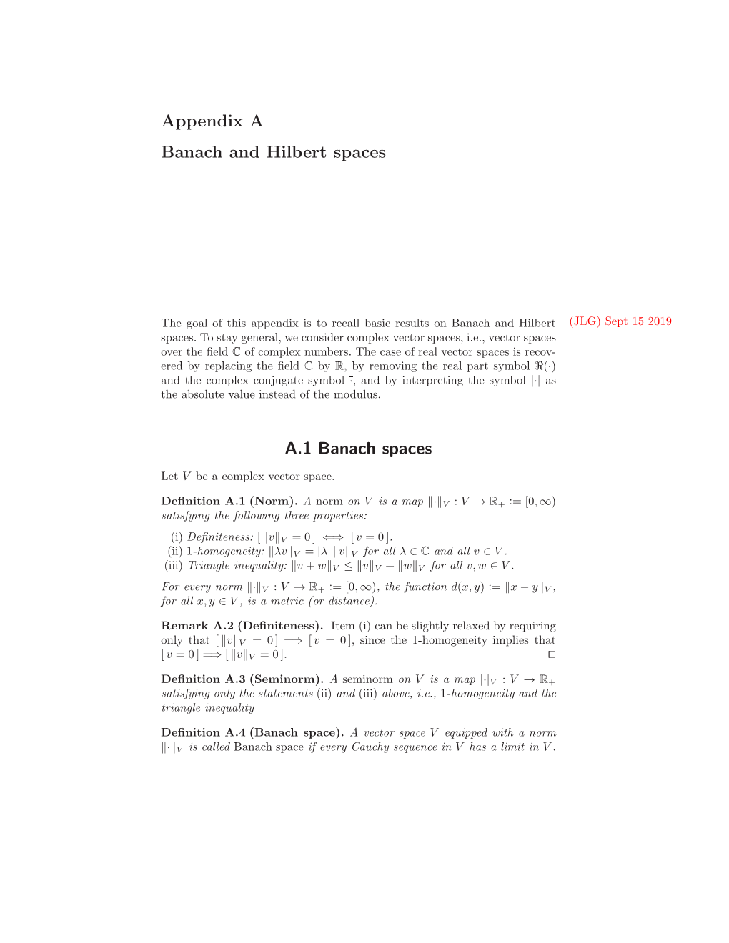 Appendix a Banach and Hilbert Spaces A.1 Banach Spaces
