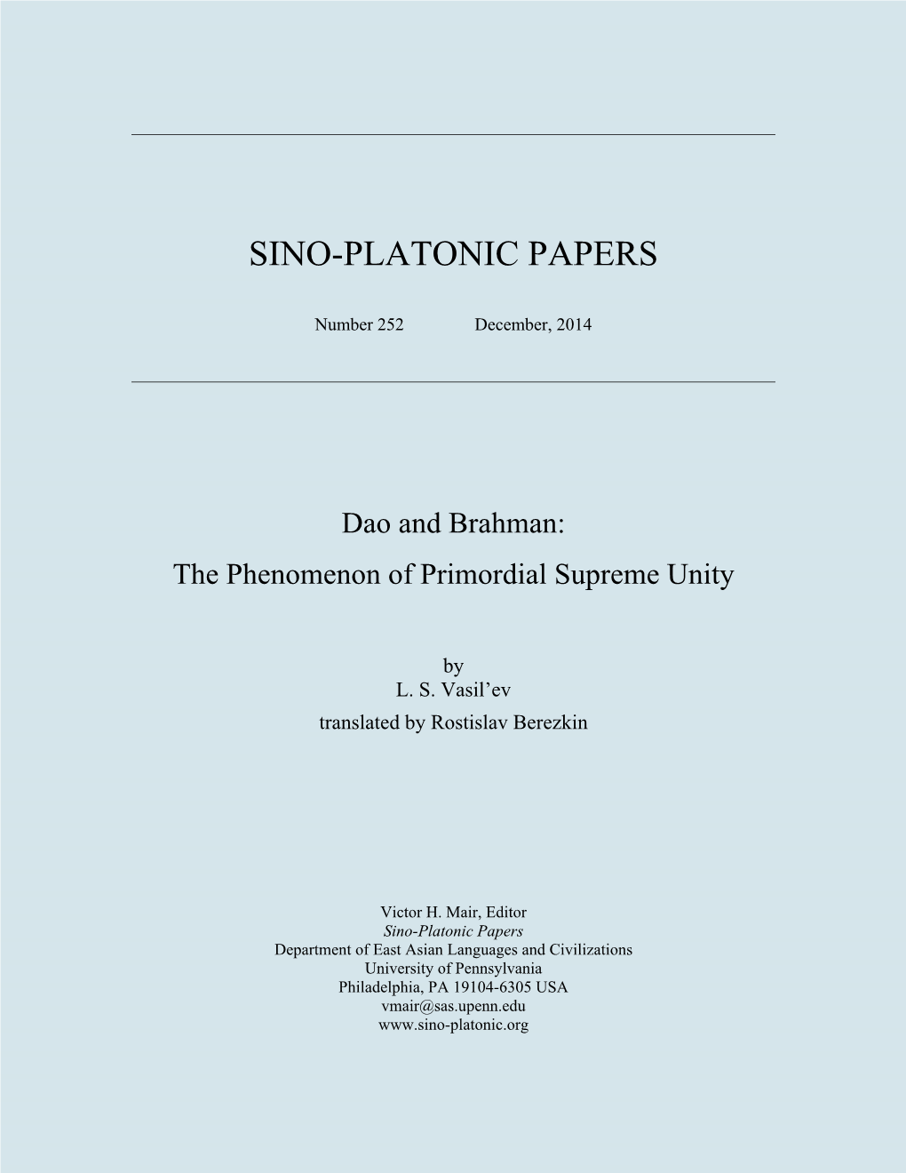 Dao and Brahman: the Phenomenon of Primordial Supreme Unity