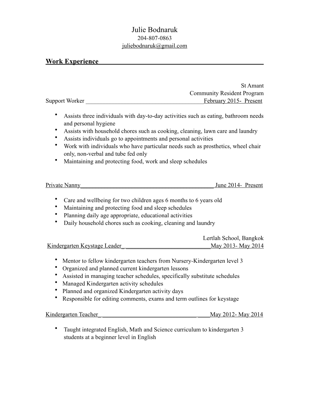 Julie Bodnaruk Resume 2015