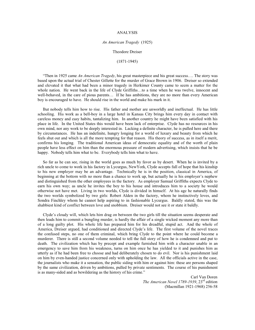 ANALYSIS an American Tragedy (1925) Theodore Dreiser (1871-1945)