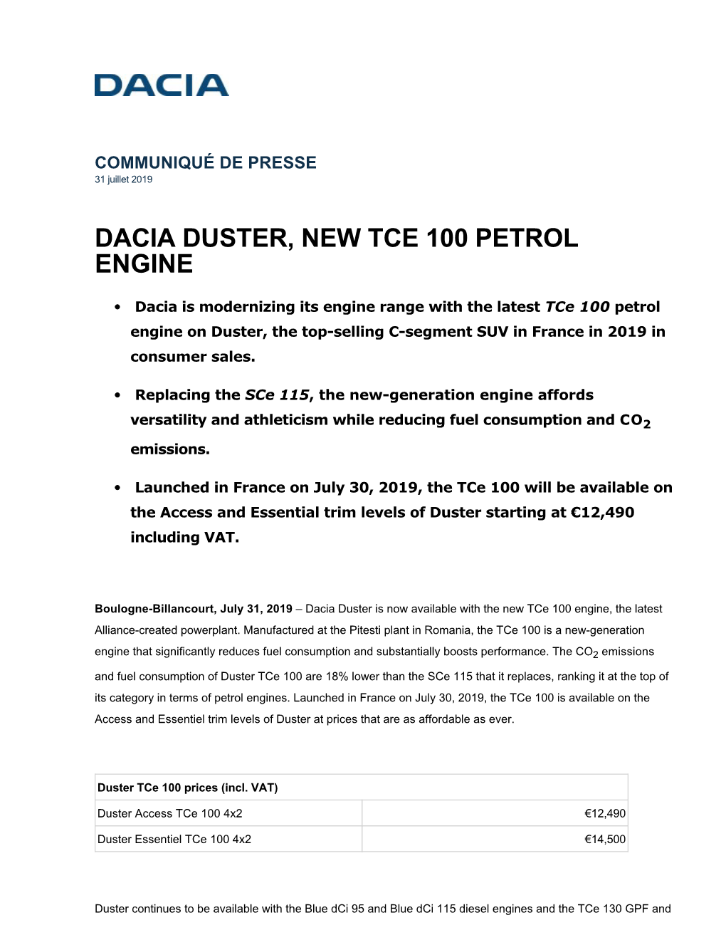 Dacia Duster, New Tce 100 Petrol Engine