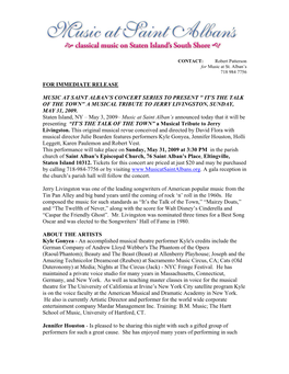 For Immediate Release Music at Saint Alban's Concert