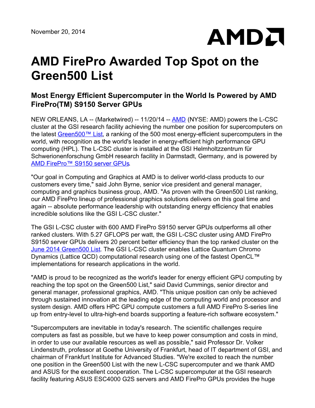 AMD Firepro Awarded Top Spot on the Green500 List