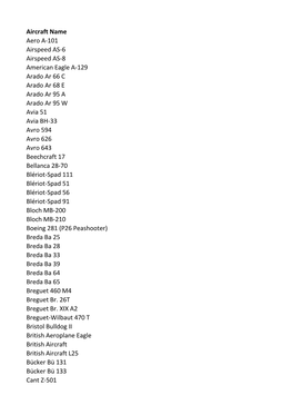 Aircraft Name Aero A-101 Airspeed AS-6 Airspeed AS-8 American