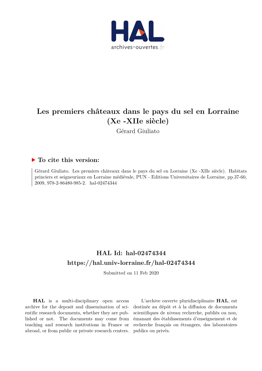 Les Premiers Châteaux Dans Le Pays Du Sel En Lorraine (Xe -Xiie Siècle) Gérard Giuliato