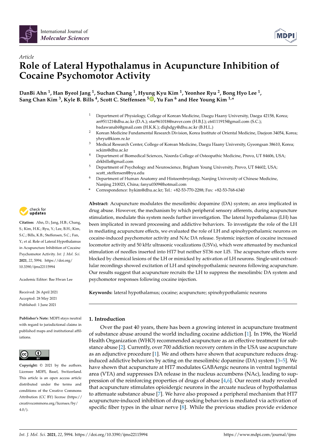 Role of Lateral Hypothalamus in Acupuncture Inhibition of Cocaine Psychomotor Activity
