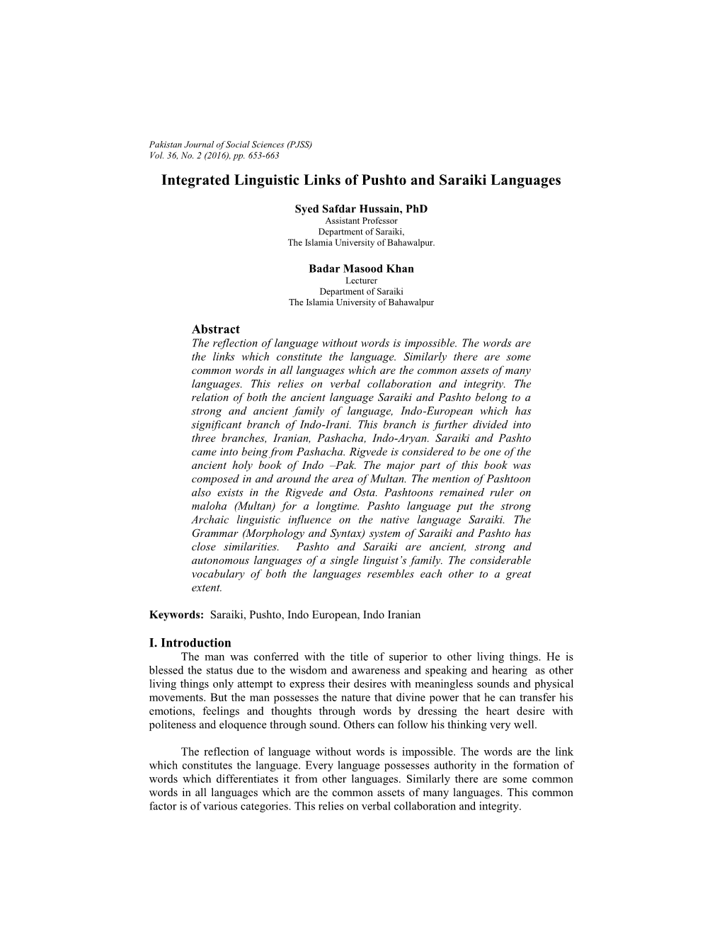 Integrated Linguistic Links of Pushto and Saraiki Languages