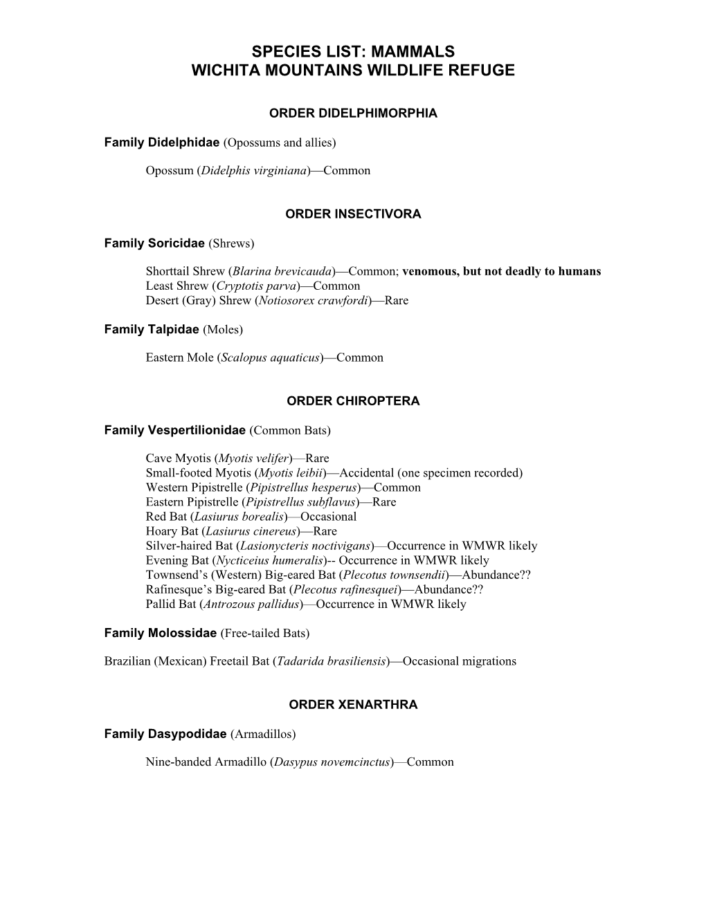 Species List: Mammals Wichita Mountains Wildlife Refuge