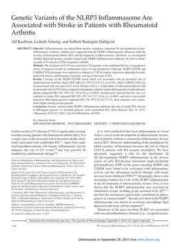 Genetic Variants of the NLRP3 Inflammasome Are Associated with Stroke in Patients with Rheumatoid Arthritis