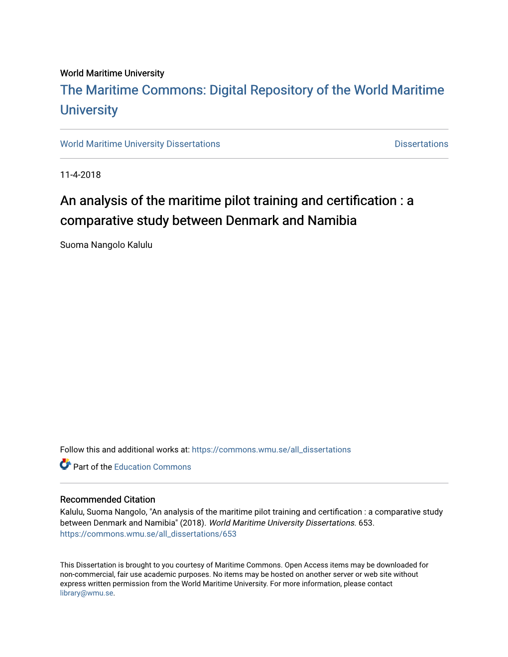 An Analysis of the Maritime Pilot Training and Certification : a Comparative Study Between Denmark and Namibia