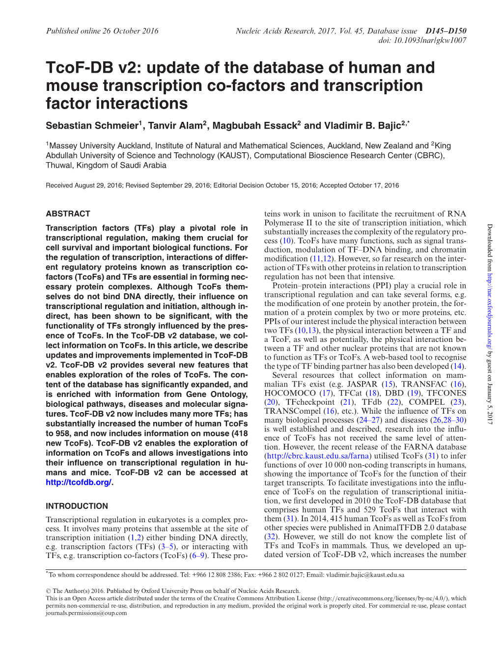 Tcof-DB V2: Update of the Database of Human and Mouse Transcription Co