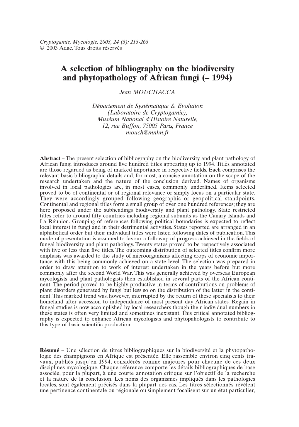 A Selection of Bibliography on the Biodiversity and Phytopathology of African Fungi (– 1994)