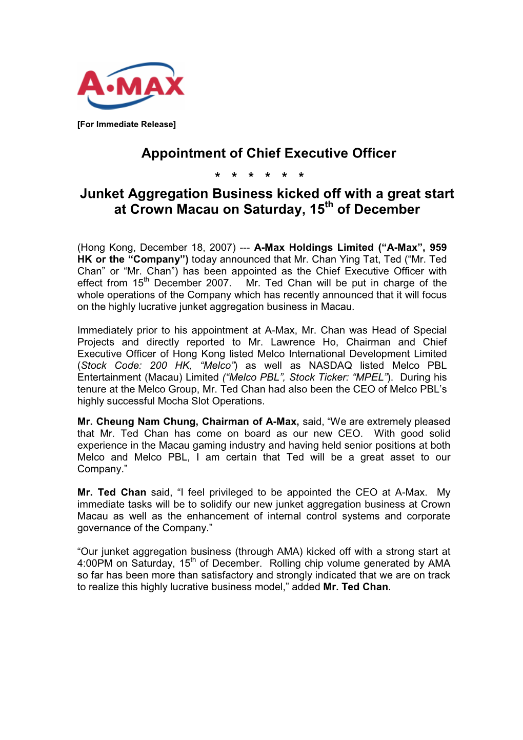 Appointment Of Chief Executive Officer - DocsLib