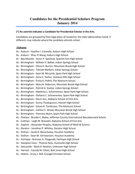 Candidates for the 2014 Presidential Scholars Program -- May 20, 2014 (PDF)