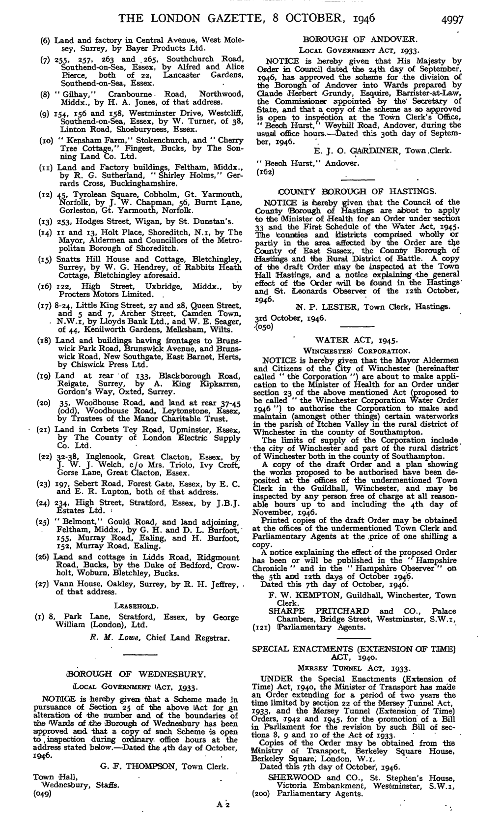 THE LONDON GAZETTE, 8 OCTOBER, 1946 4997 (6) Land and Factory in Central Avenue, West Mole- BOROUGH of ANDOVER