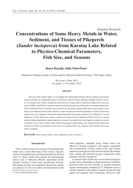Concentrations of Some Heavy Metals in Water, Sediment, and Tissues Of