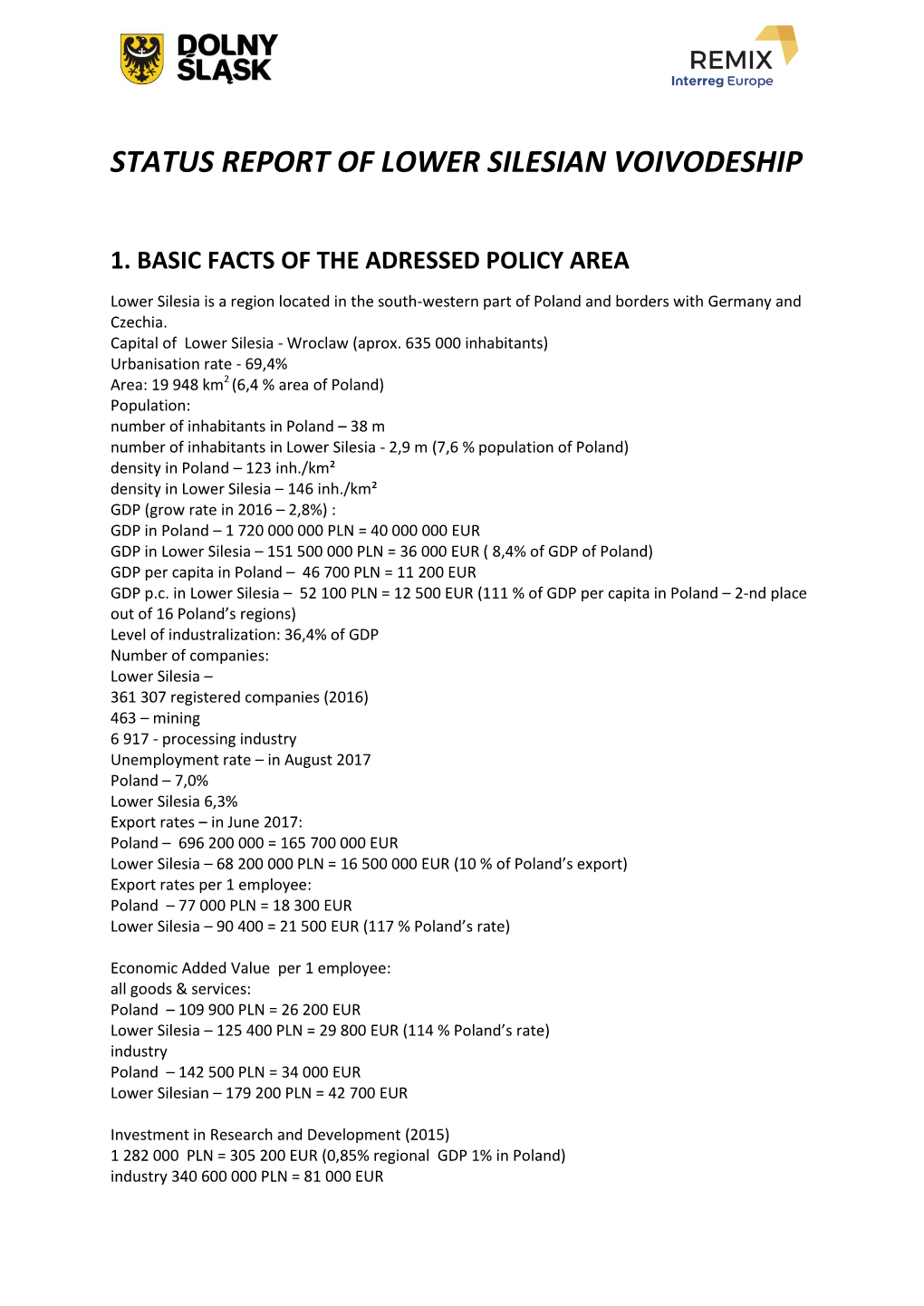 Status Report of Lower Silesian Voivodeship