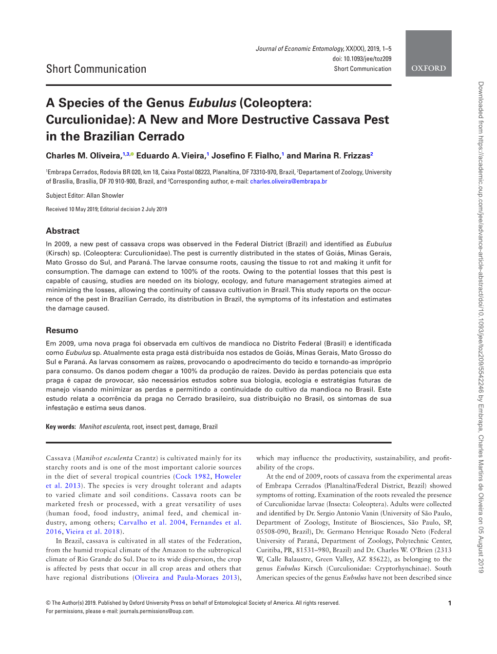 A Species of the Genus Eubulus (Coleoptera: Curculionidae): a New and More Destructive Cassava Pest in the Brazilian Cerrado
