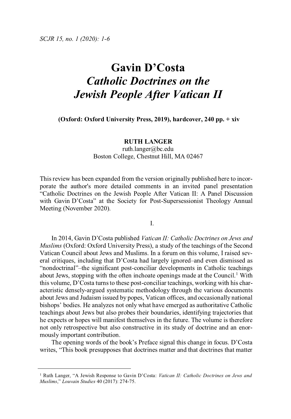 Gavin D'costa Catholic Doctrines on the Jewish People After Vatican II