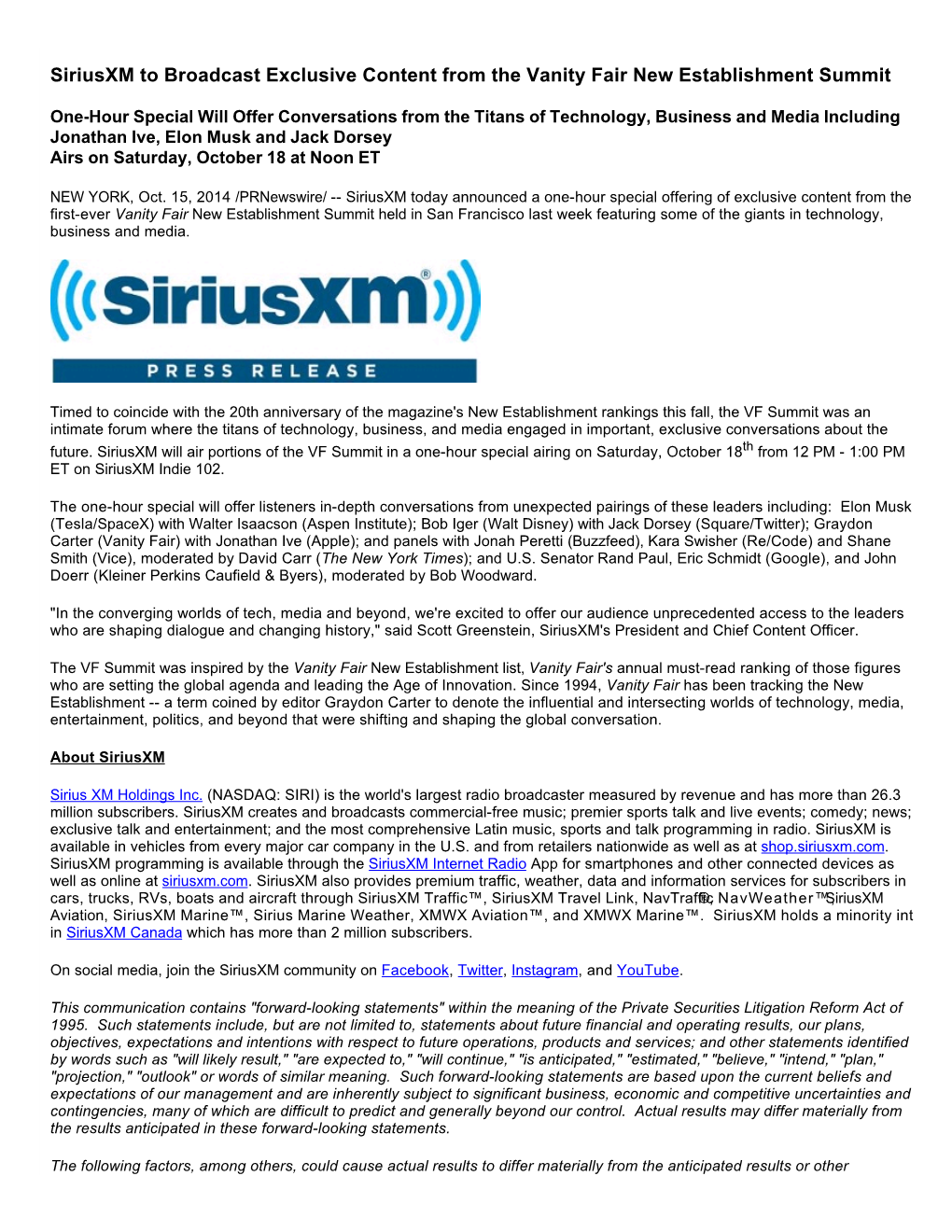 Siriusxm to Broadcast Exclusive Content from the Vanity Fair New Establishment Summit