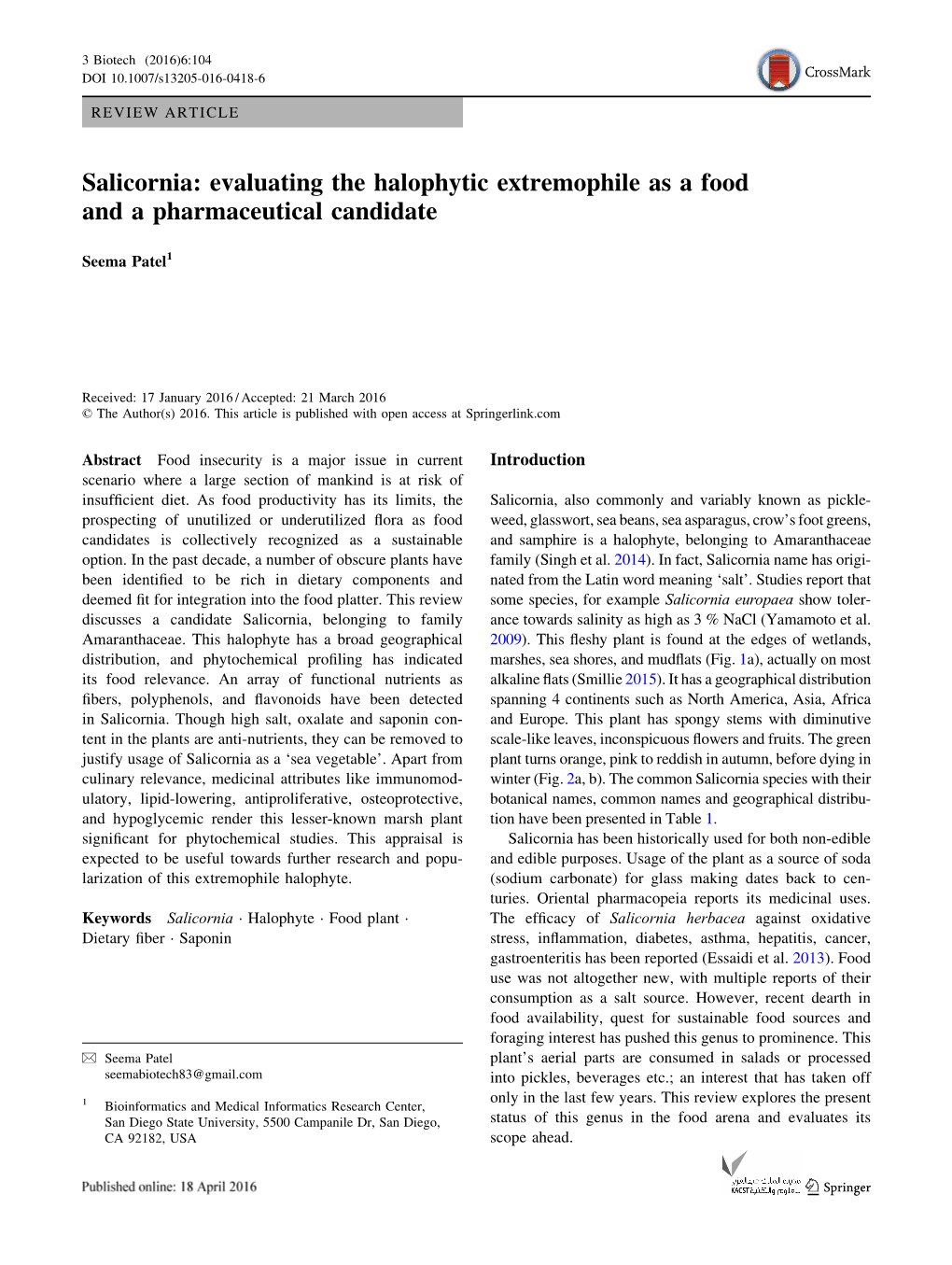 Salicornia: Evaluating the Halophytic Extremophile As a Food and a Pharmaceutical Candidate