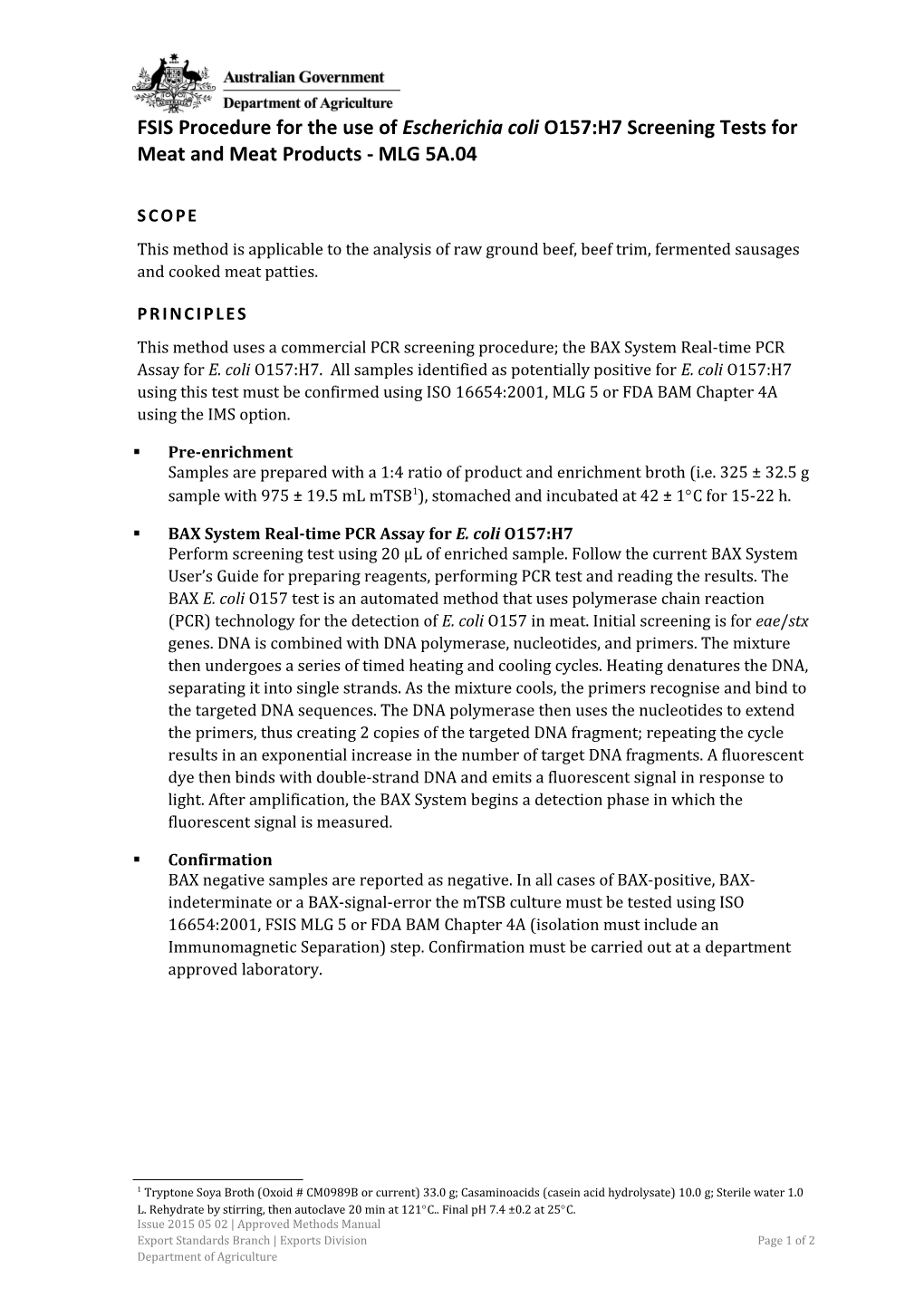 FSIS Procedure for the Use of Escherichia Coli O157:H7 Screening Tests for Meat and Meat