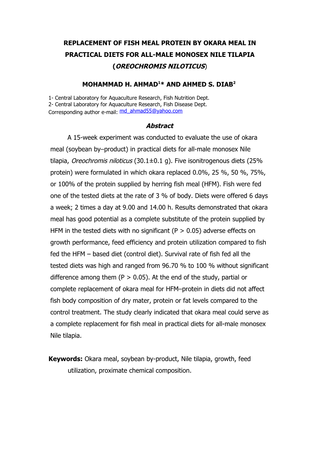 Replacement Of Fish Meal Protein By Okara Meal In Practical Diets For All-Male Monosex Nile Tilapia (Oreochromis Niloticus)