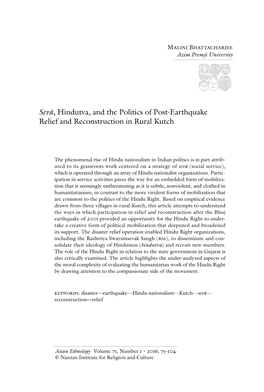 Sevā, Hindutva, and the Politics of Post-Earthquake Relief and Reconstruction in Rural Kutch
