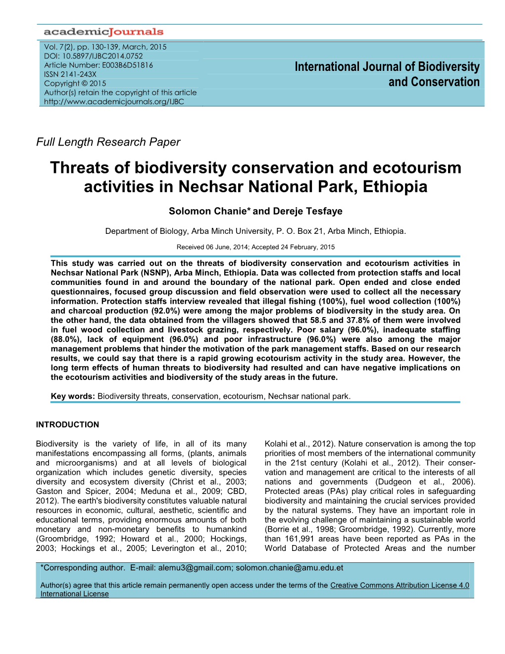 Threats of Biodiversity Conservation and Ecotourism Activities in Nechsar National Park, Ethiopia
