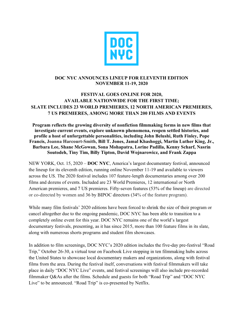 Doc Nyc Announces Lineup for Eleventh Edition November 11-19, 2020