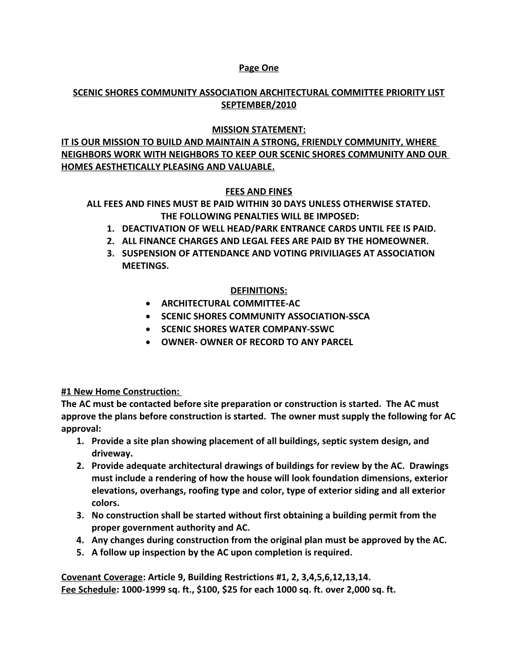 Scenic Shores Community Association Architectural Committee Priority List September/2010