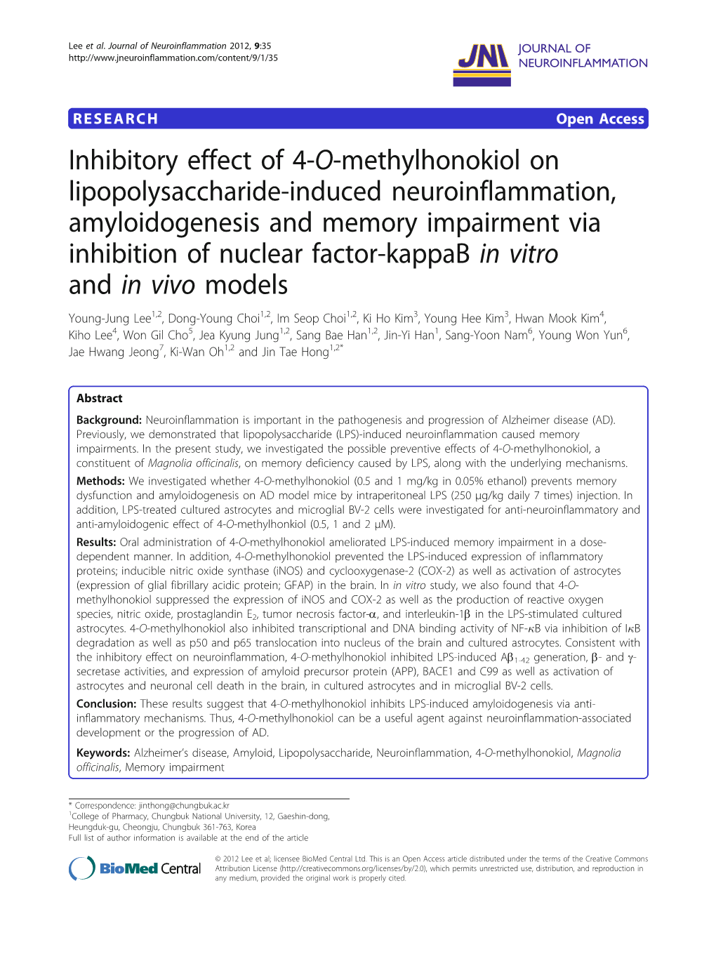 Inhibitory Effect of 4-O-Methylhonokiol on Lipopolysaccharide-Induced