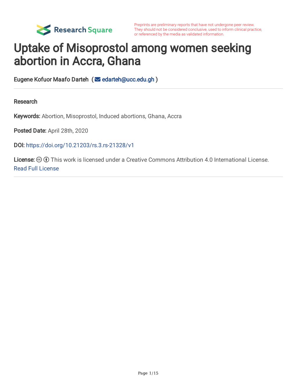 Uptake of Misoprostol Among Women Seeking Abortion in Accra, Ghana