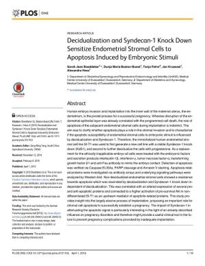 Decidualization and Syndecan-1 Knock Down Sensitize Endometrial Stromal Cells to Apoptosis Induced by Embryonic Stimuli