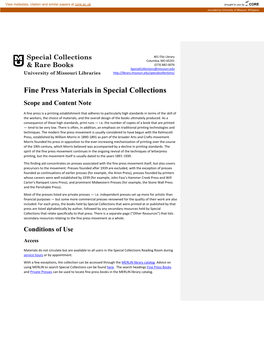 Fine Press Materials in Special Collections Scope and Content Note