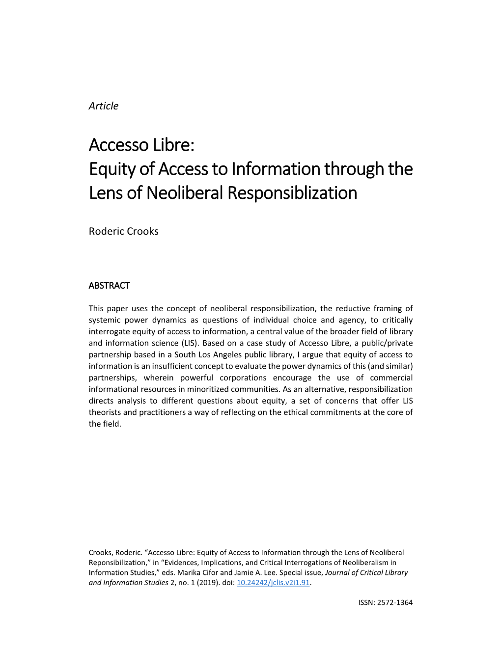 Accesso Libre: Equity of Access to Information Through the Lens of Neoliberal Responsiblization