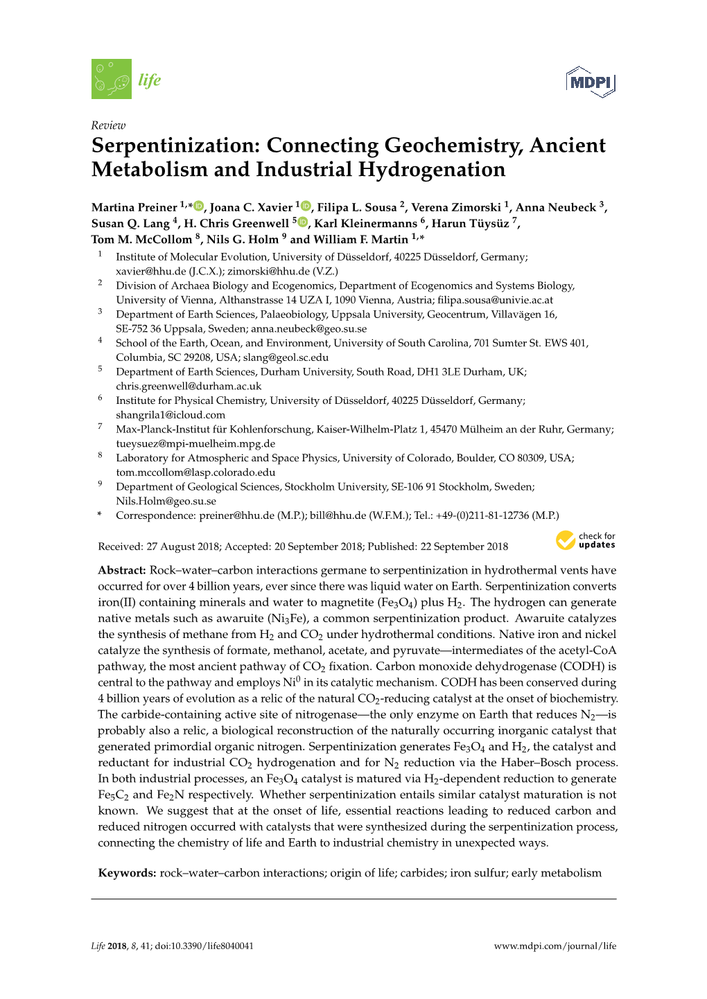 Serpentinization: Connecting Geochemistry, Ancient Metabolism and Industrial Hydrogenation