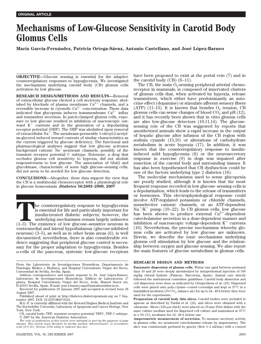 Mechanisms of Low-Glucose Sensitivity in Carotid Body Glomus Cells Marı´A Garcı´A-Ferna´Ndez, Patricia Ortega-Sa´Enz, Antonio Castellano, and Jose´Lo´Pez-Barneo