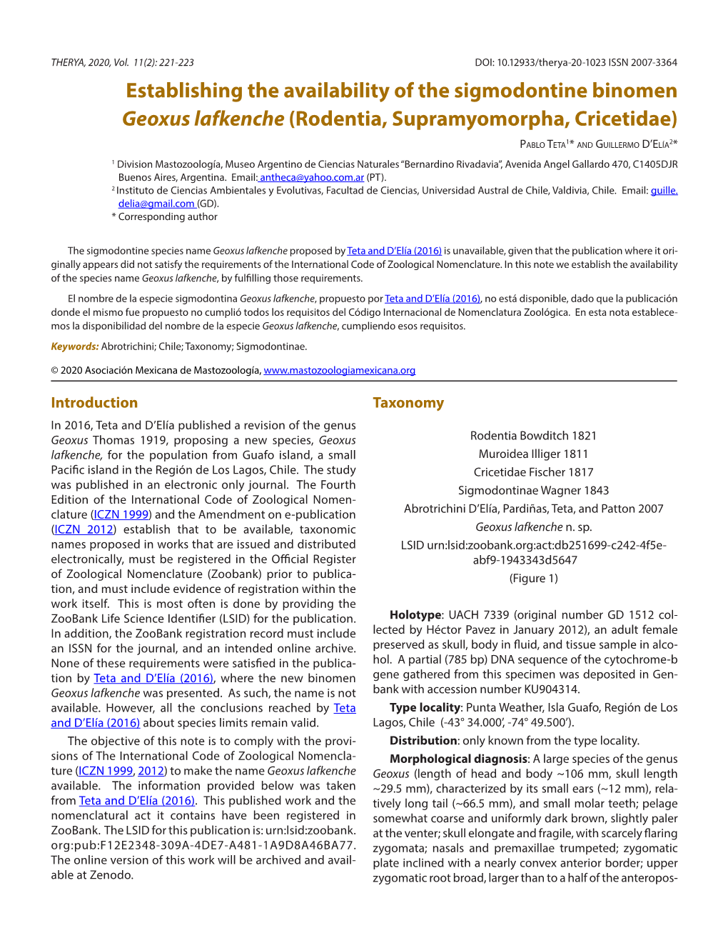 Establishing the Availability of the Sigmodontine Binomen Geoxus Lafkenche (Rodentia, Supramyomorpha, Cricetidae)