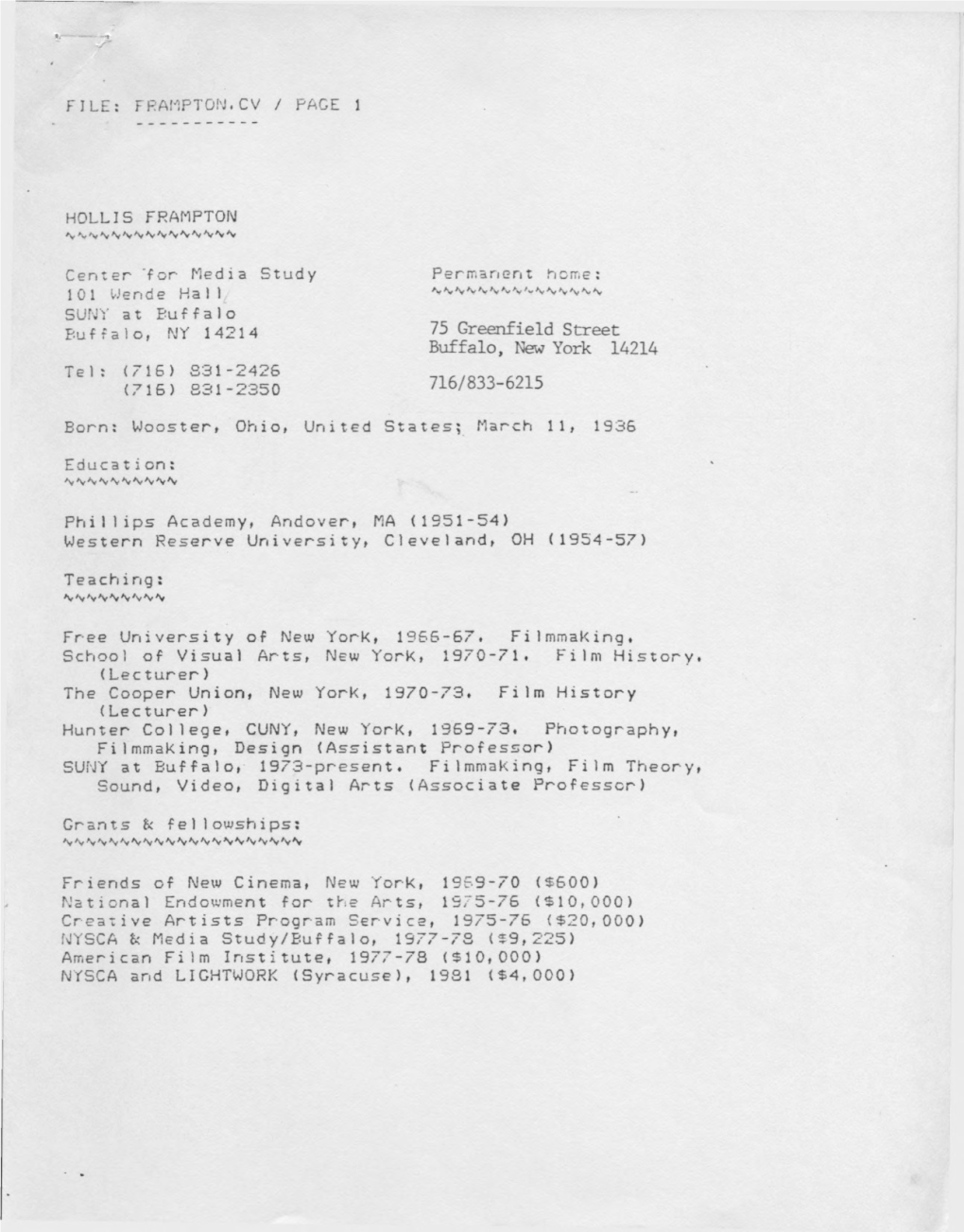 Hollis Frampton CV