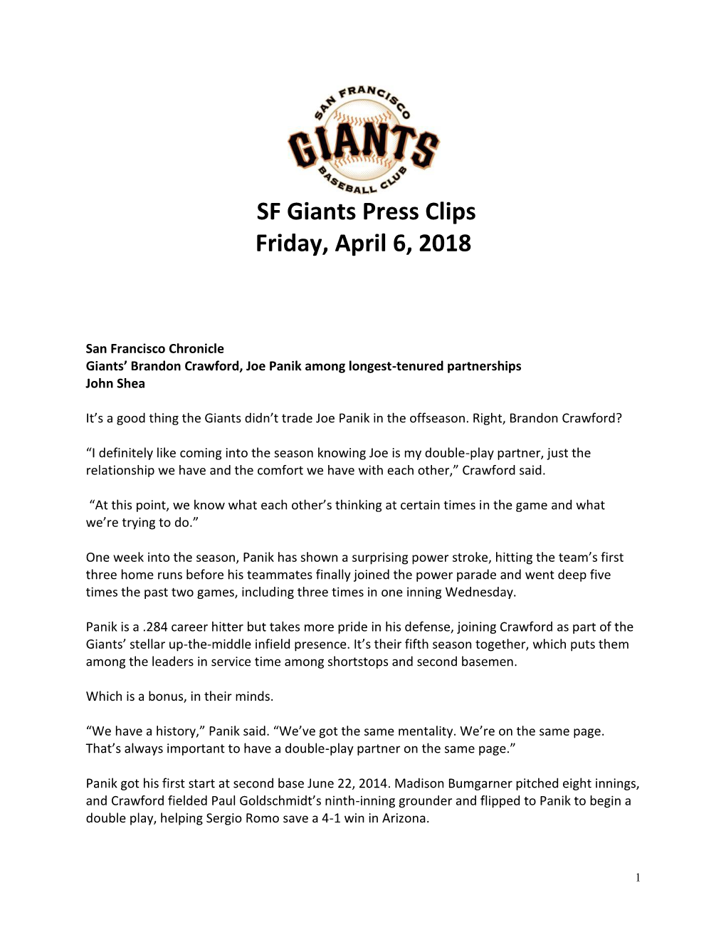 SF Giants Press Clips Friday, April 6, 2018