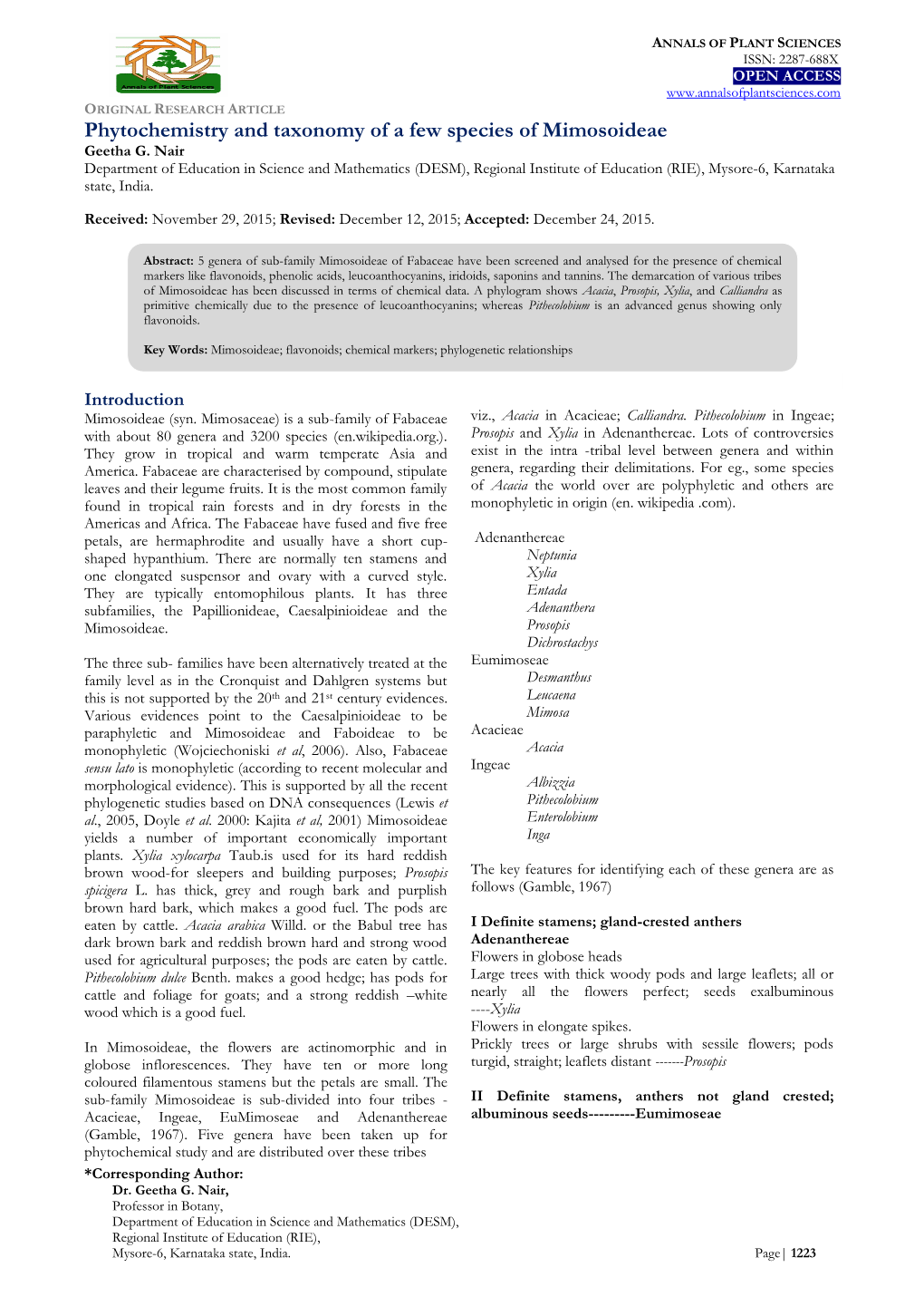 Phytochemistry and Taxonomy of a Few Species of Mimosoideae Geetha G