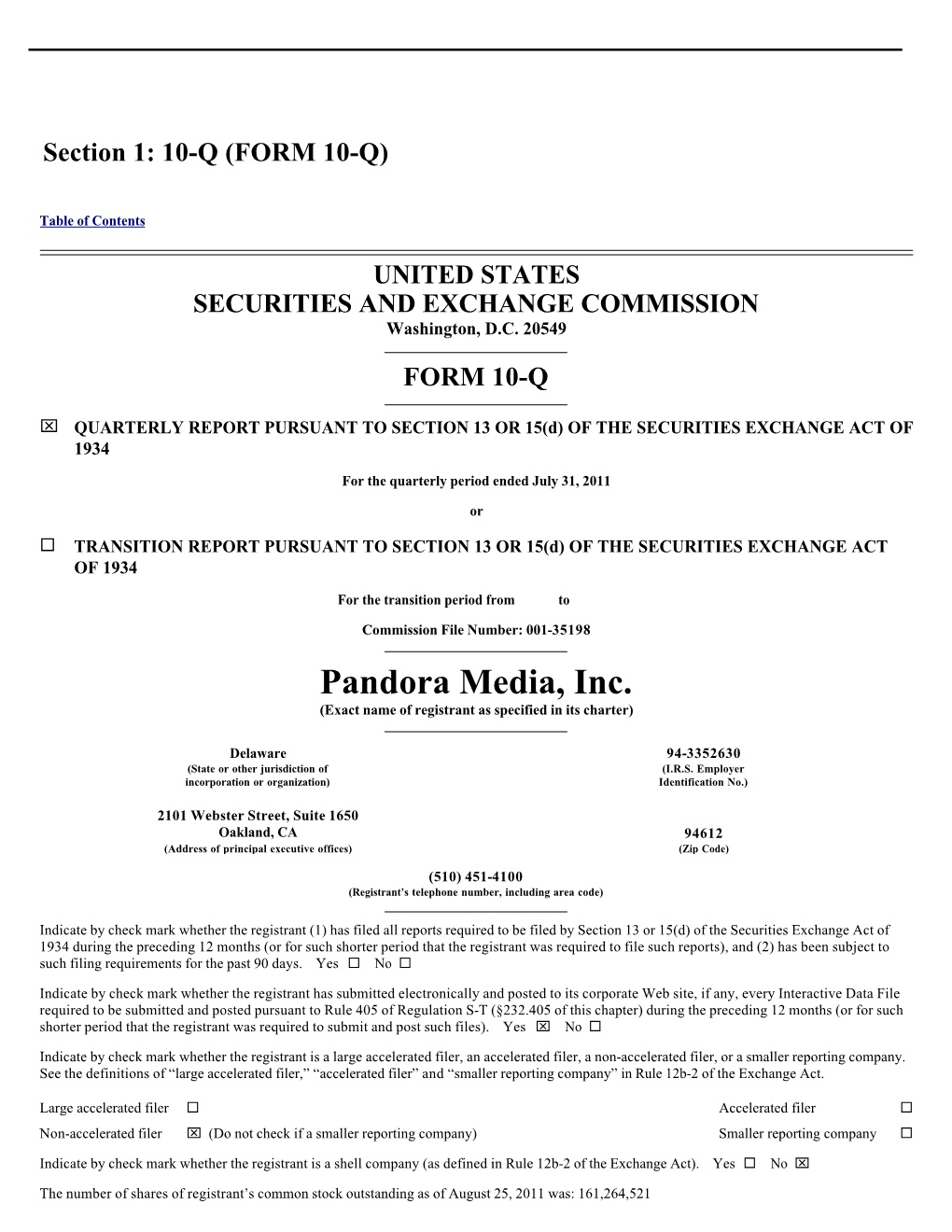 Pandora Media, Inc. (Exact Name of Registrant As Specified in Its Charter)