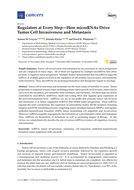 Regulators at Every Step—How Micrornas Drive Tumor Cell Invasiveness and Metastasis